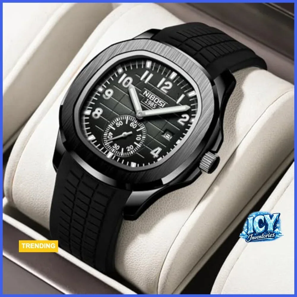 Analog Military Watch with Calendar Black Silicone Strap Waterproof